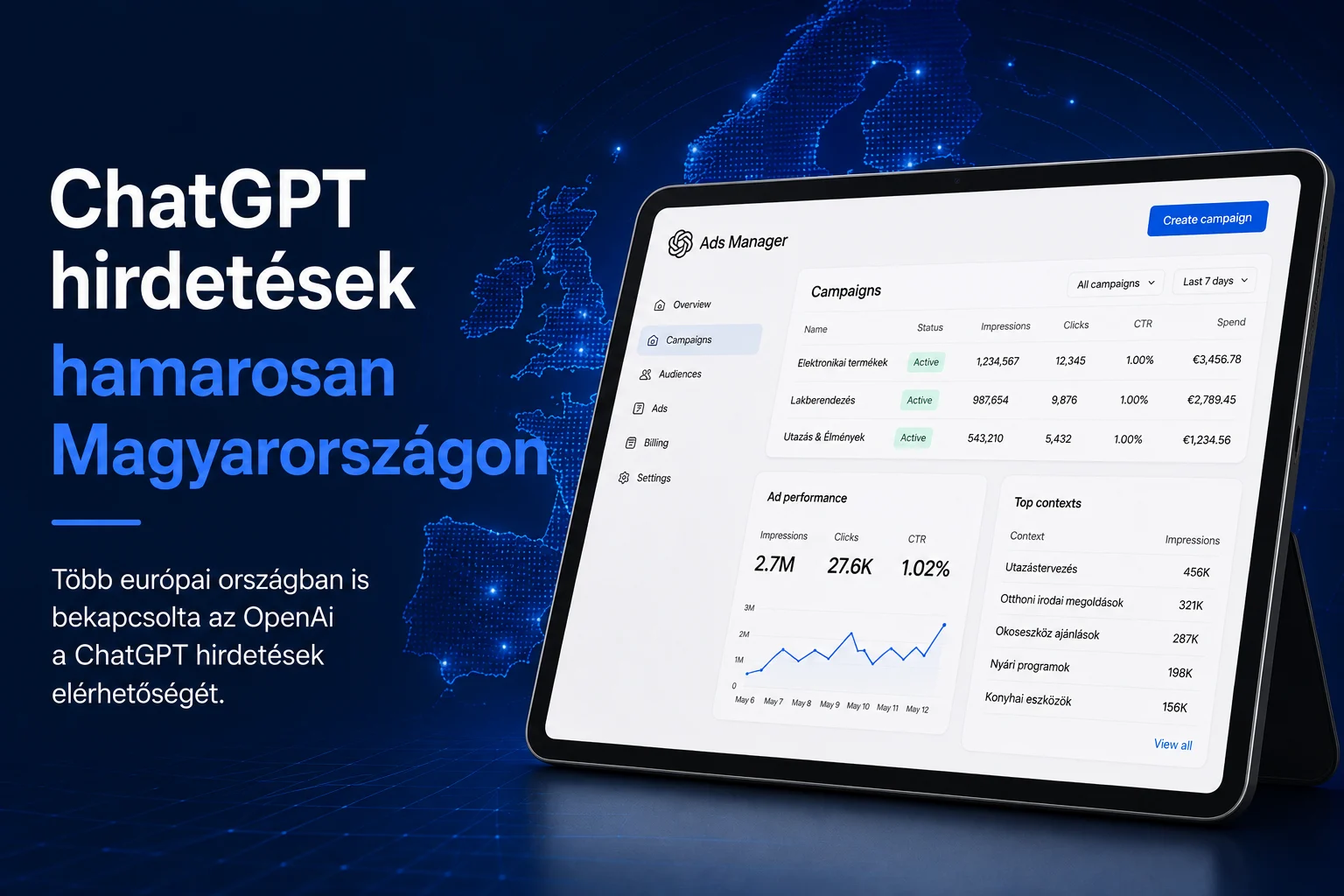ChatGPT Ads Manager felület táblázaton – ChatGPT hirdetések hamarosan Magyarországon