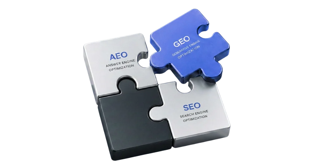 AEO, GEO és SEO feliratú puzzle-darabok egymásba illesztve