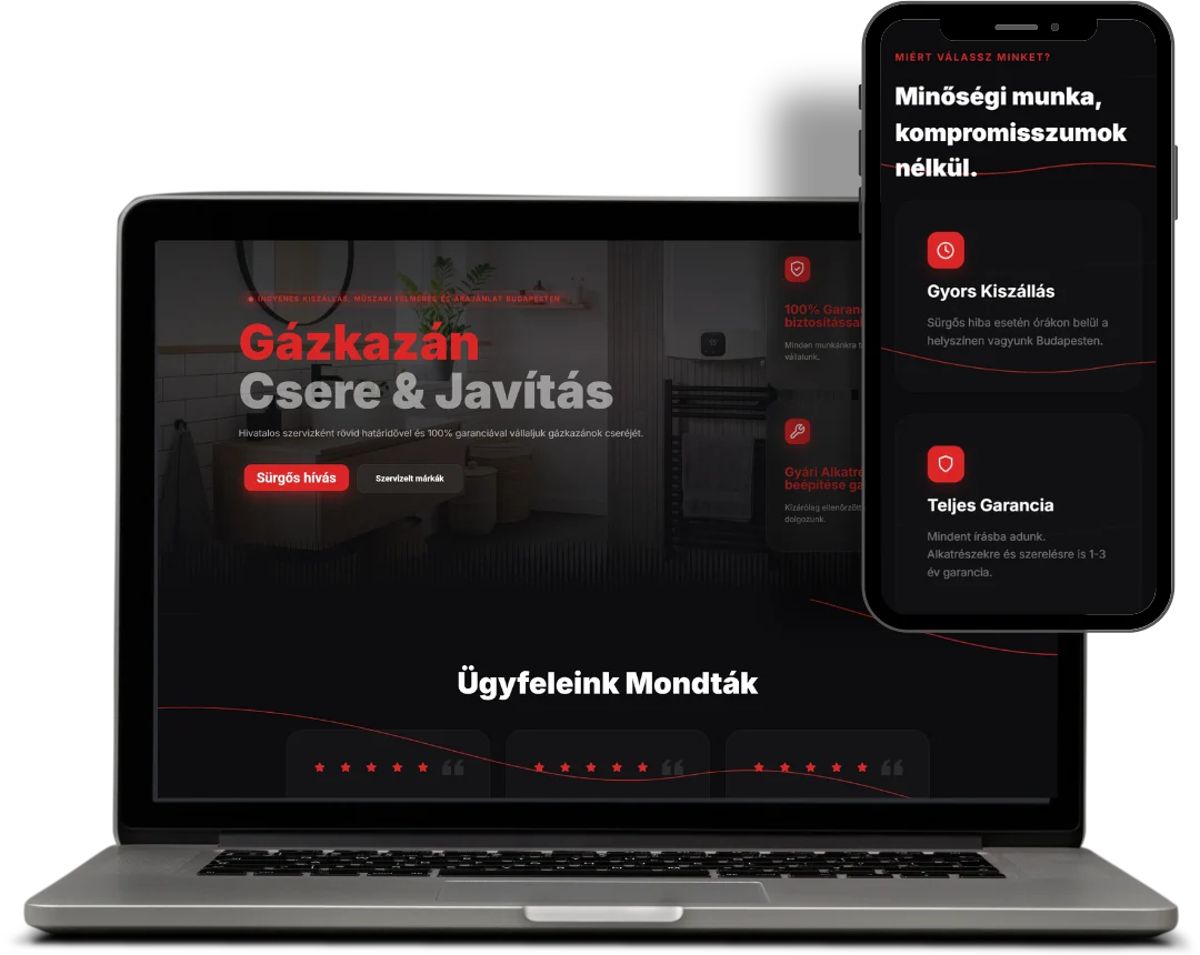 A gázkazáncsere oldal nyitóképe és ügyfélvéleményei laptopon és telefonon