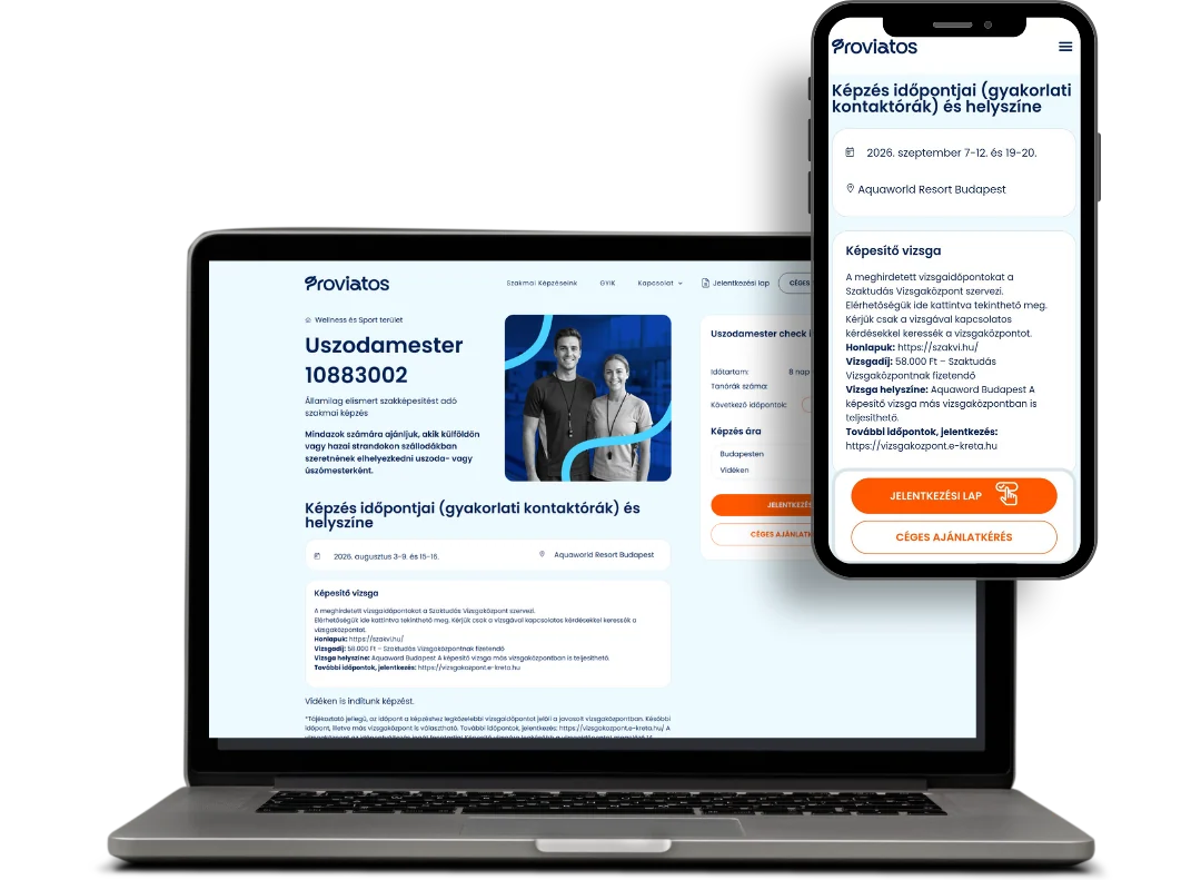 A Proviatos uszodamester képzésének adatlapja laptopon és a jelentkezés mobilon